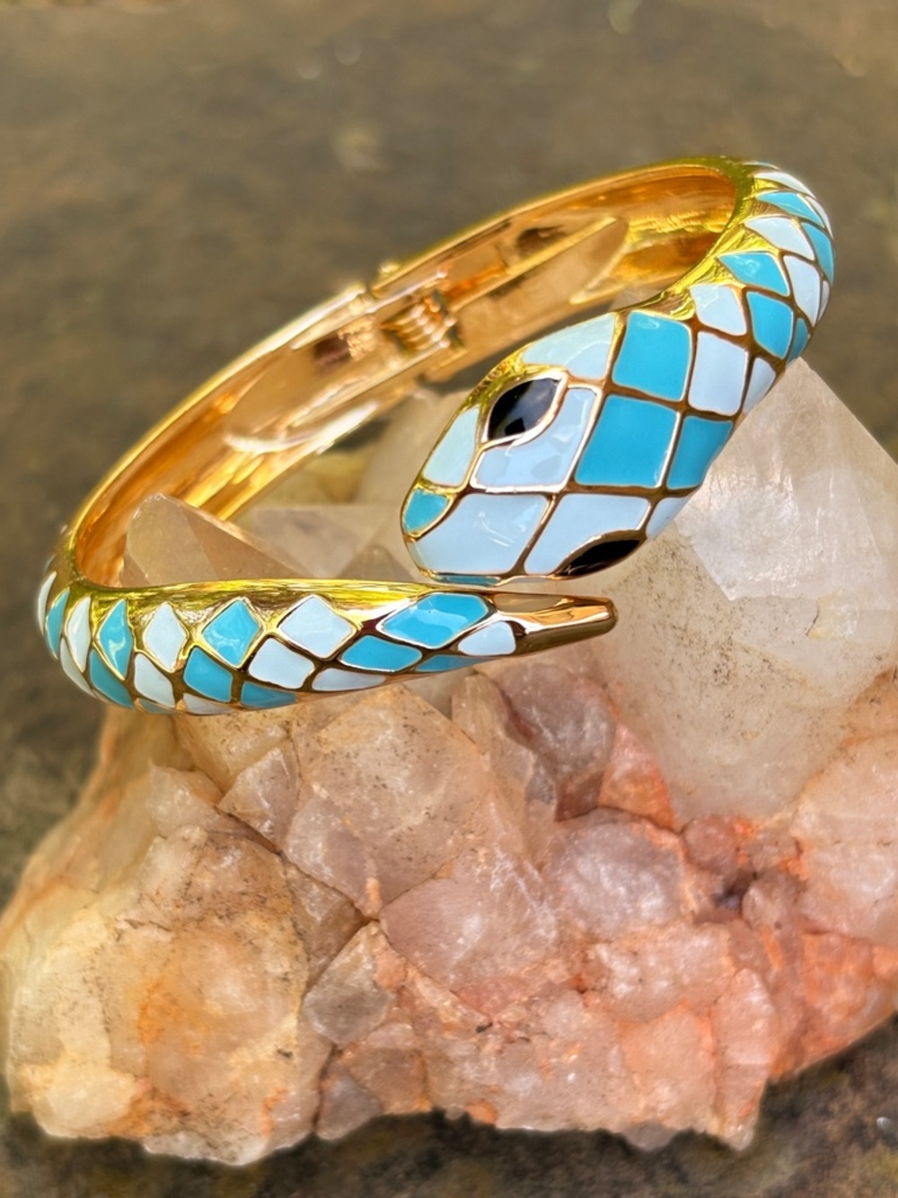 SNAKE BRACELET Gold Tone Turquoise Enamel Hinged Cuff Statement Jewelry Edgy